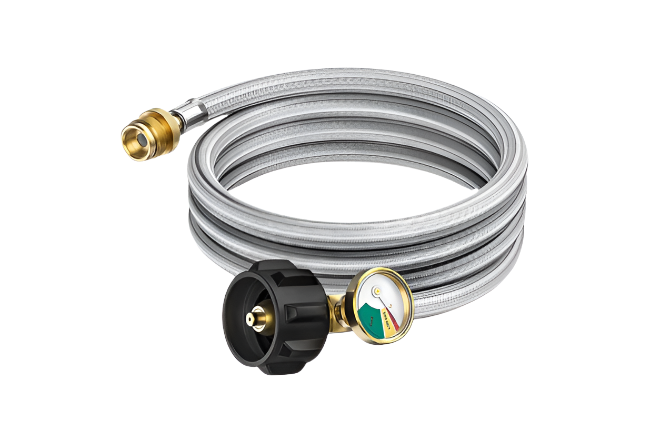 The hose is coiled three turns high. One end shows the connector the the propane tank that has a gas level gauge attached.  The other end as the adopter that connects to the BlazOn Ember.