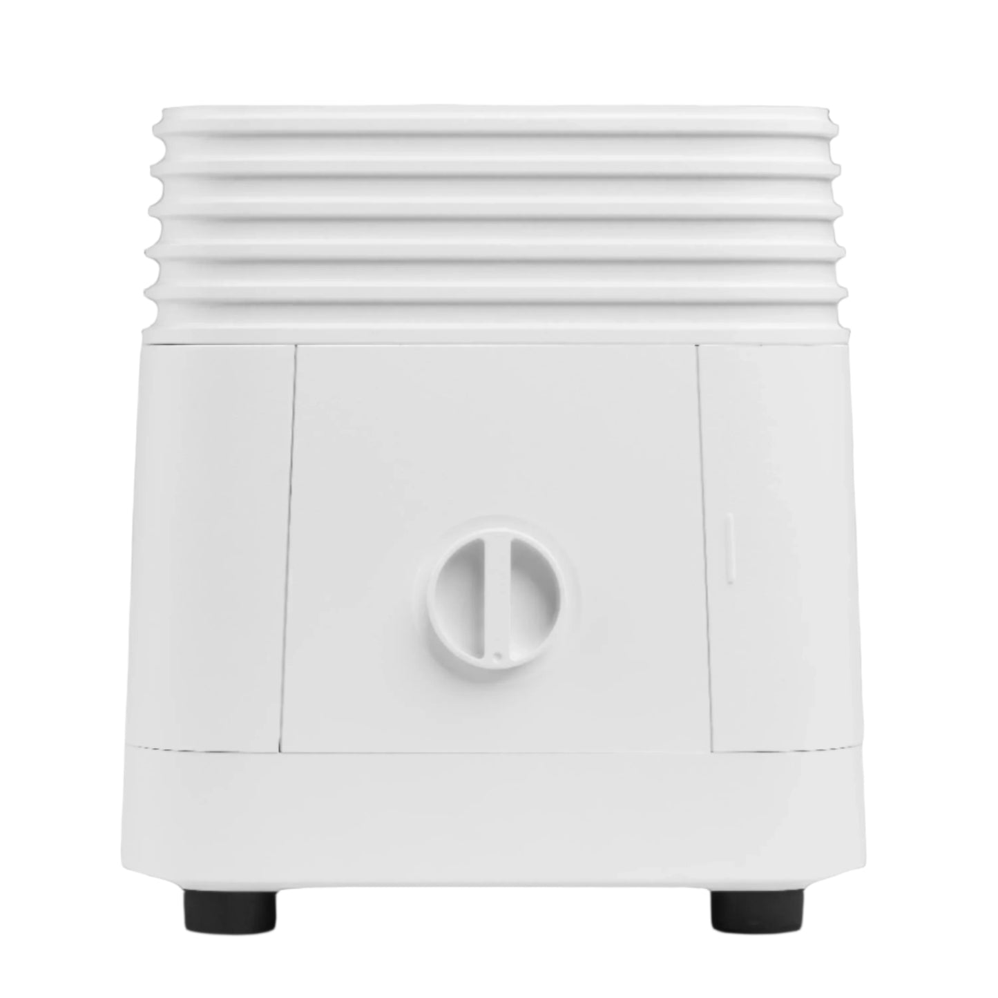 Side view of a white version of the heaters. There is a gas knob visible pointing upward. There are two black rubber feat visible. The top 3 inches of the heater is made up of 5 Art Deco style horizontal lines that run around the entire 4 inches of the top of the heater.