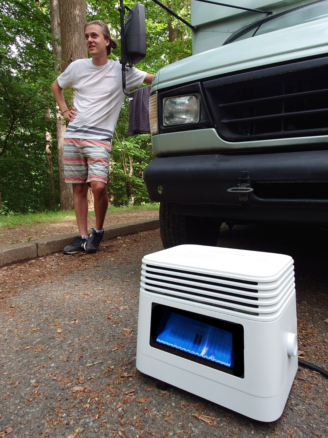 RV hybrid propane heater with self-powered fan