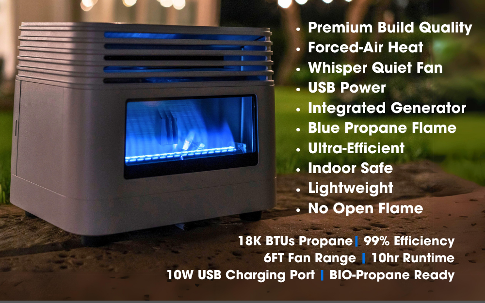Load video: Create unforgettable experiences on your patio, boat or at your events.  Features high-efficiency forced-air heating, integrated USB, 100% portability...no cords, no batteries, no mess!