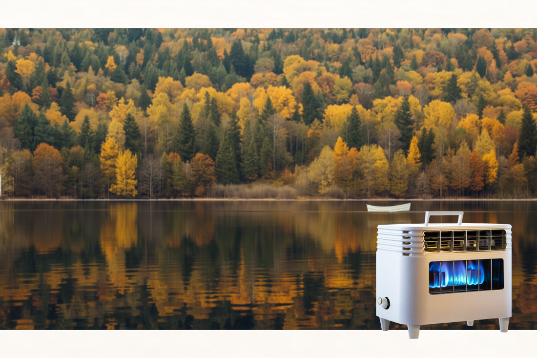 BlazOn EMBER portable forced-air propane heater superimposed on an autumn lakeside boating scene