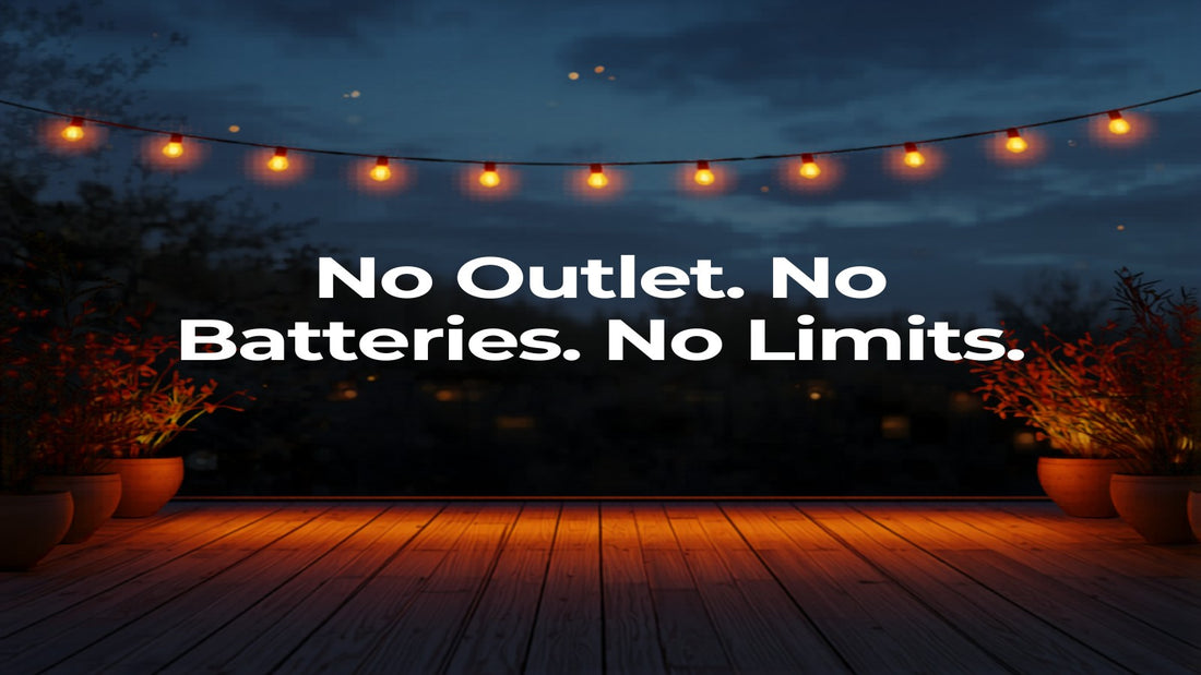 Serene outdoor patio at dusk with string lights and warm amber glow — No Outlet No Batteries No Limits — BlazOn EMBER blog header