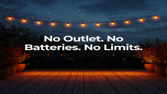 Serene outdoor patio at dusk with string lights and warm amber glow — No Outlet No Batteries No Limits — BlazOn EMBER blog header