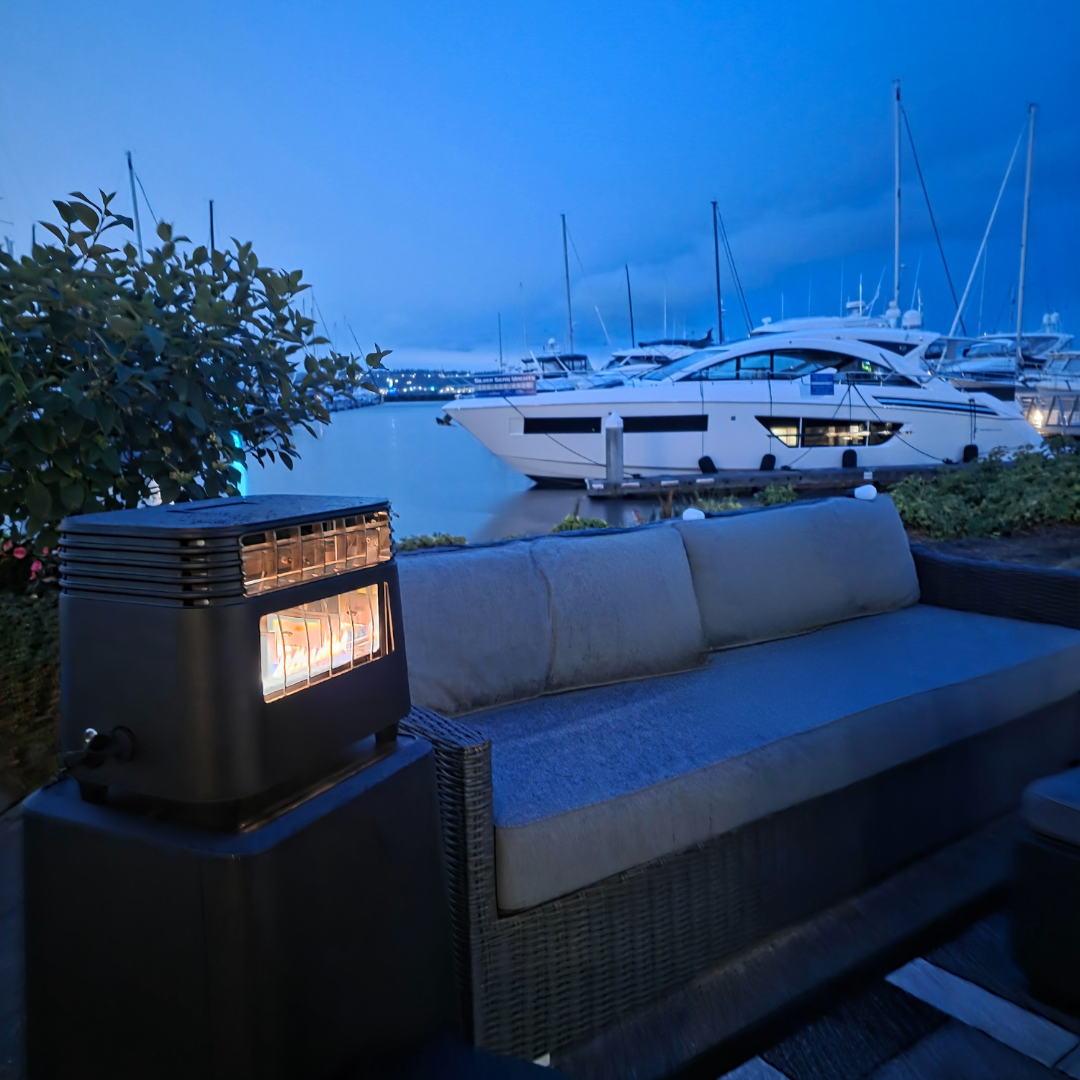 EMBER by BlazOn self-powered propane heater keeping a boat flybridge warm all season on the water