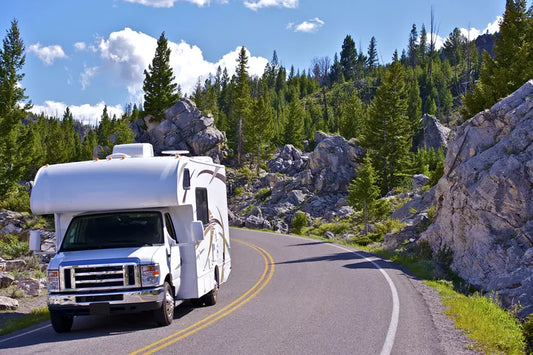 An RV on the open road with the BlazOn EMBER portable hybrid propane RV heater