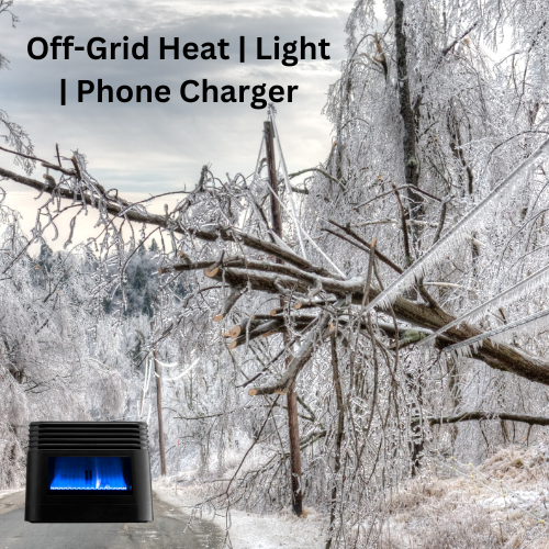 Icy winter landscape with fallen trees and power lines, promoting off-grid heat, light, and phone charger