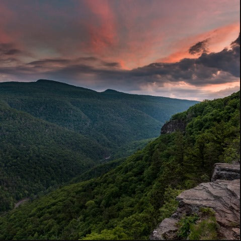 Scenic view of lush green mountains and forested valley under a vibrant pink and purple sunset sky