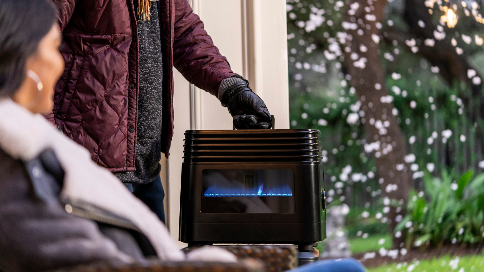 Don't retreat inside in the fall and get out in early spring!  The stunning blue flame of the BlazOn Ember will keep you and your guests warm and happy!  it's high-efficiency forced-air heating means you can sit back and let the warm-air warm your spirits!