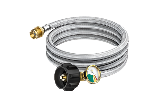 The hose is coiled three turns high. One end shows the connector the the propane tank that has a gas level gauge attached.  The other end as the adopter that connects to the BlazOn Ember. 