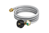 The hose is coiled three turns high. One end shows the connector the the propane tank that has a gas level gauge attached.  The other end as the adopter that connects to the BlazOn Ember. 