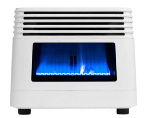 Front view showing a stunning blue flame through the front window picture frame.  Above the glass picture frame the grill where the heat comes out has 5 horizontal openings that start from about 1 inch from the side of the heater and stretch to about 1 inch from the othr side of the heater. 