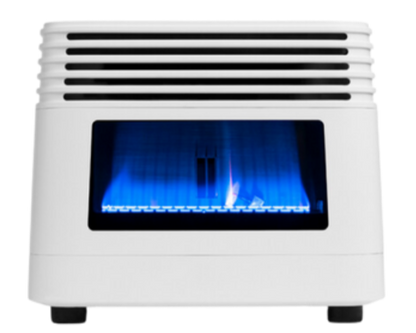 Front view showing a stunning blue flame through the front window picture frame.  Above the glass picture frame the grill where the heat comes out has 5 horizontal openings that start from about 1 inch from the side of the heater and stretch to about 1 inch from the othr side of the heater. 