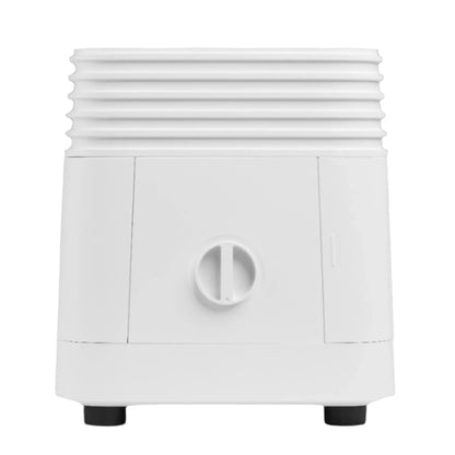 Side view of a white version of the heaters.  There is a gas knob visible pointing upward.  There are two black rubber feat visible.  The top 3 inches of the heater is made up of 5 Art Deco style horizontal lines that run around the entire 4 inches of the top of the heater. 