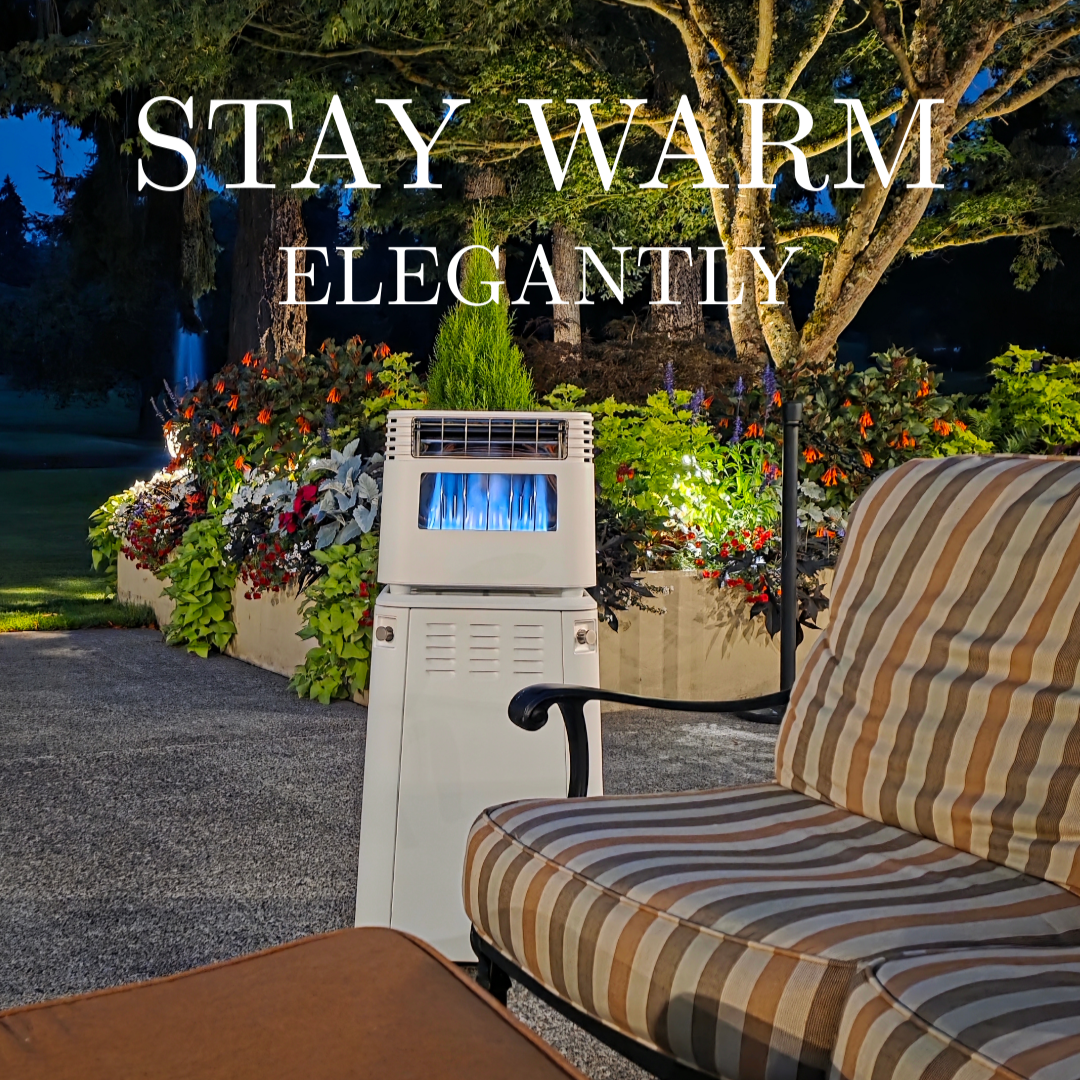 Outdoor patio heater with visible blue flame next to striped cushioned seating and decorative garden at night